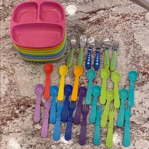 Re-play Bundle - 7 divided plates, 7 forks, 14 spoons, 3 Gerber silverware sets.